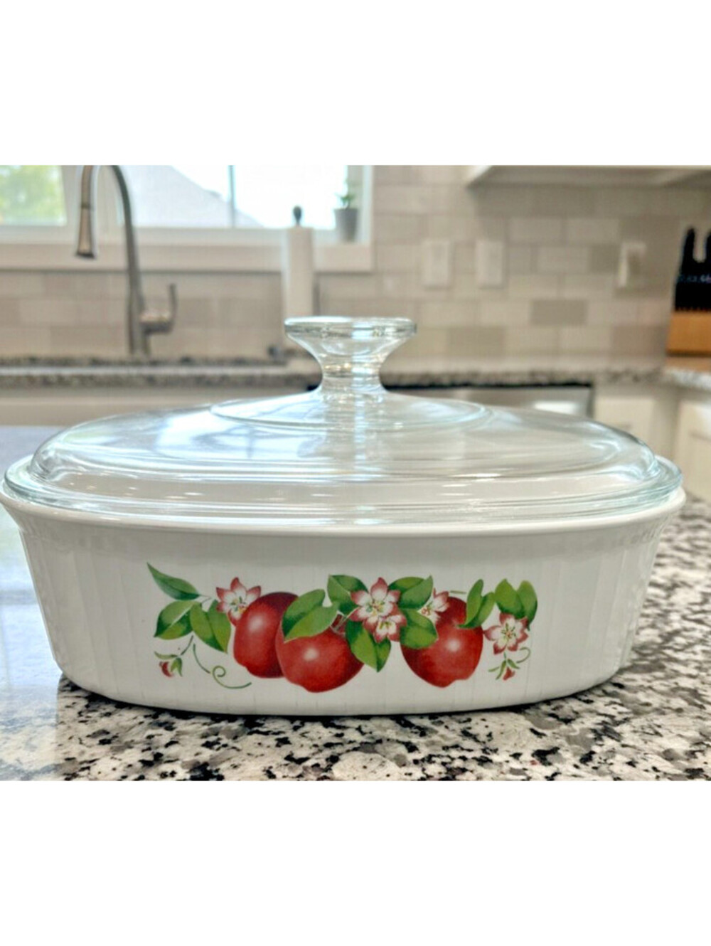 Vintage Corning Ware Apple Blossom Oval Casserole Dish with Glass Lid